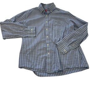 IZOD Men's Large Blue Shirt Casual Button Up Slim Fit Blue Plaid Pattern